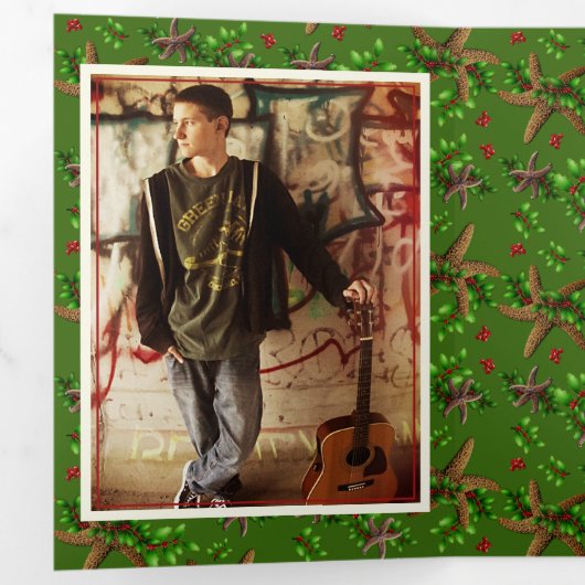 Starfish n Holly 2枚の大きな写真がクリスマスを飾った 三つ折りクリスマスカード (内部最初)