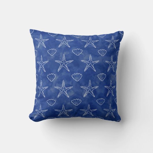 Starfish Seashell Sketch Pattern Blue Watercolor クッション (正面)