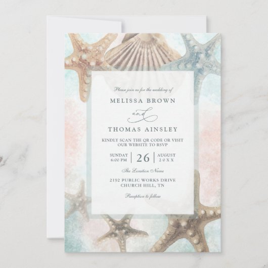 Starfish Seashells Tropical Beach QR Code Wedding 招待状 (正面)