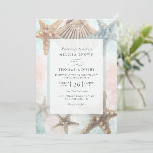 Starfish Seashells Tropical Beach QR Code Wedding 招待状 (スタンド正面)