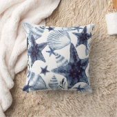 Starfish Shells Navy Blue And White Beachy Pattern クッション (ブランケット)