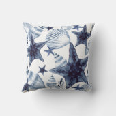 Starfish Shells Navy Blue And White Beachy Pattern クッション (裏面)