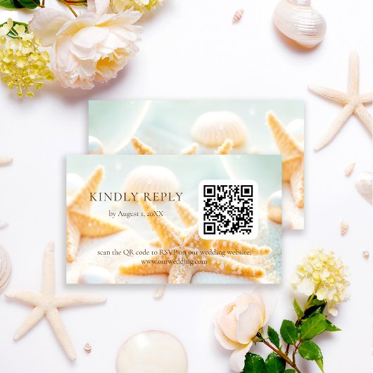 Starfish Shells Ocean Beach QR Code Wedding RSVP エンクロージャーカード