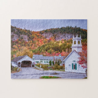 Stark New Hampshire covered bridge and church fall ジグソーパズル