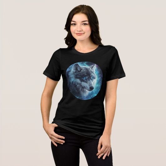 Starlit Blue-Eyed Wolf Galaxy Print トライブレンドTシャツ (正面全面)
