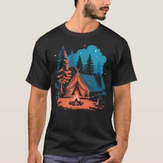 Starlit Camping Tent Campfire And Pine Trees Adven Tシャツ