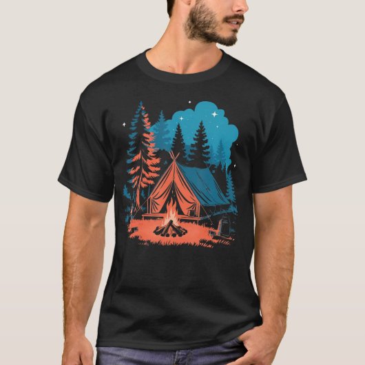 Starlit Camping Tent Campfire And Pine Trees Adven Tシャツ (正面)