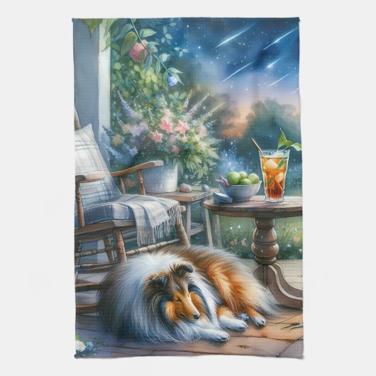 Starlit Garden Porch Sheltie Dream キッチンタオル (縦)
