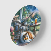 Starlit Garden Porch Sheltie Dream ラウンド壁時計 (傾斜)
