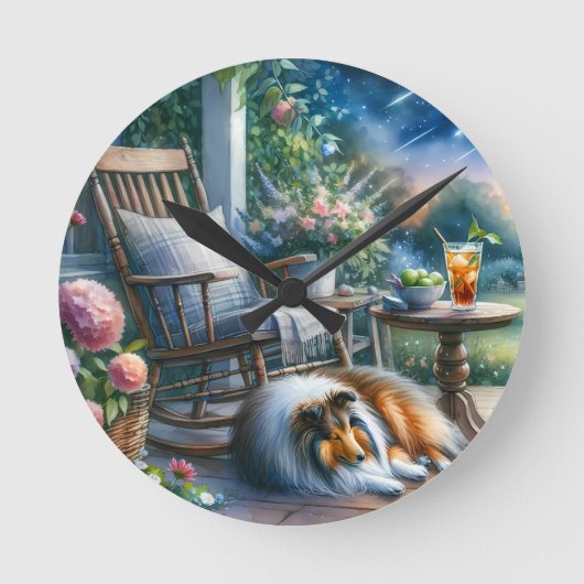 Starlit Garden Porch Sheltie Dream ラウンド壁時計 (正面)