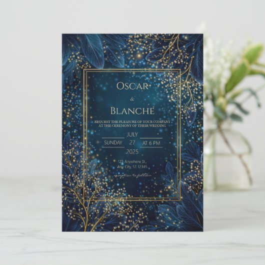 Starlit Navy Gold Botanical Wedding 招待状 (スタンド正面)