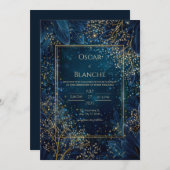 Starlit Navy Gold Botanical Wedding 招待状 (正面/裏面)