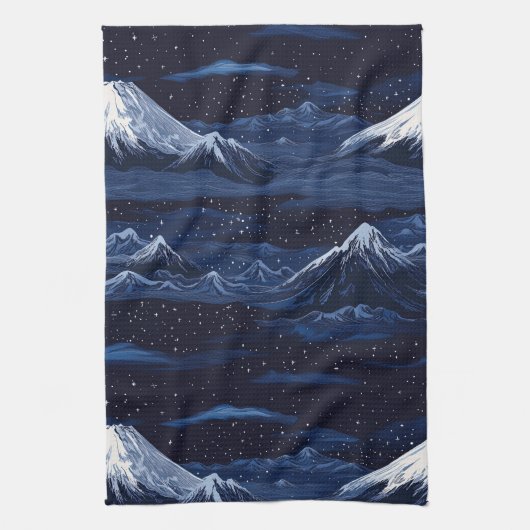 Starlit Peaks – Midnight Mountain Sky (3) キッチンタオル (縦)
