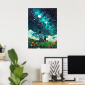 Starlit Reverie – 女の子と彼女の猫が一緒に座る ポスター (ホームオフィス)