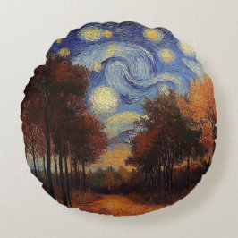 Starry Autumn Forest – Artistic Round Pillow ラウンドクッション
