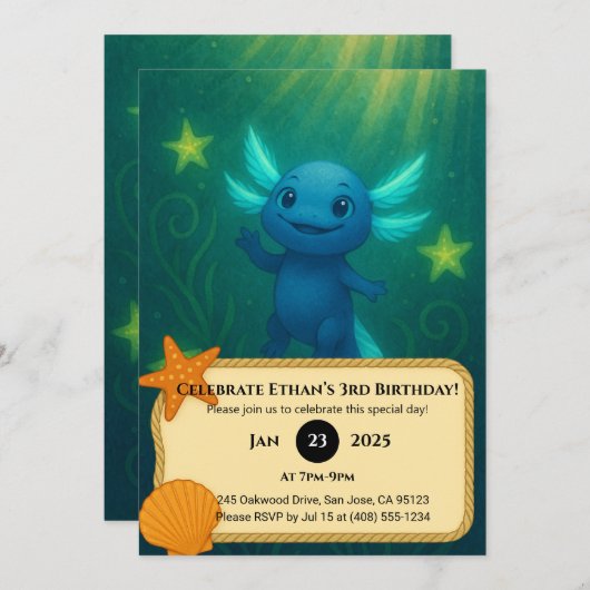 Starry Blue Axolotl Birthday  招待状 (正面/裏面)