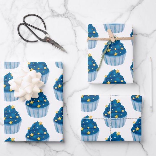 Starry Blue Cupcake Gift Wrap Fun & Festive  ラッピングペーパーシート (正面)