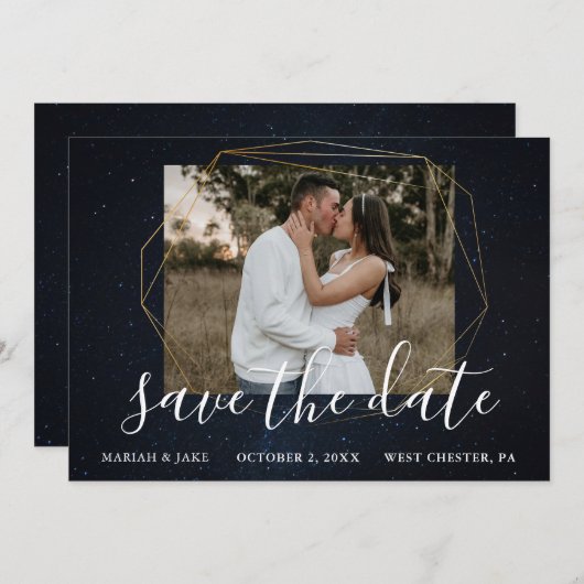 Starry Blue Night Sky Photo Save the Date 招待状 (正面/裏面)