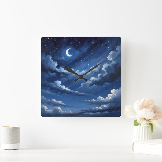 Starry Crescent Sky Poster - Illustration Style スクエア壁時計 (ホーム)