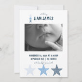 Starry Gingham Baby Boy Birth Announcement Card 案内状 (正面)