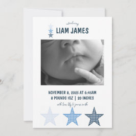 Starry Gingham Baby Boy Birth Announcement Card 案内状