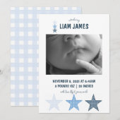 Starry Gingham Baby Boy Birth Announcement Card 案内状 (正面/裏面)