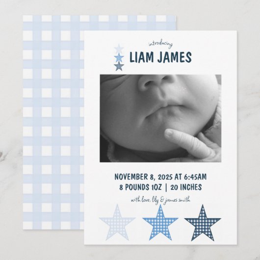 Starry Gingham Baby Boy Birth Announcement Card 案内状 (正面/裏面)