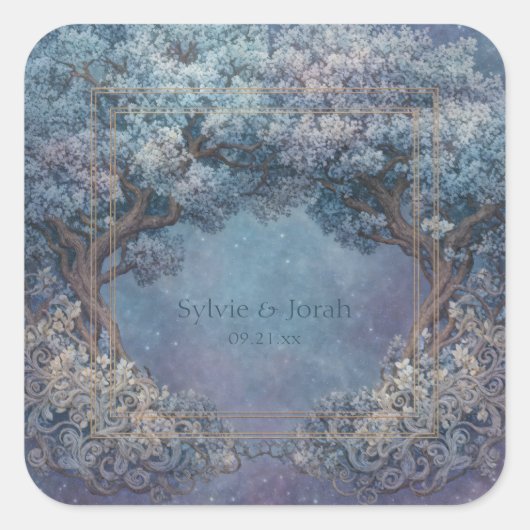 Starry Nebula Night Gnarled Tree Frame Wedding スクエアシール (正面)