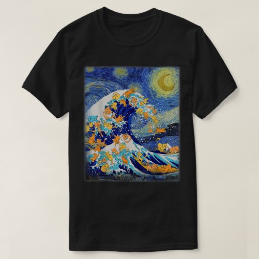Starry Night and Great Wave Cat, Cat Lover, Cat Mo Tシャツ (デザイン正面)