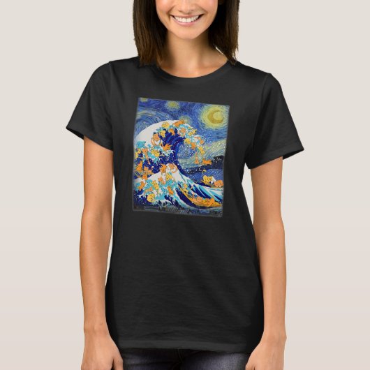 Starry Night and Great Wave Cat Cat Lover Cat Mom Tシャツ (正面)