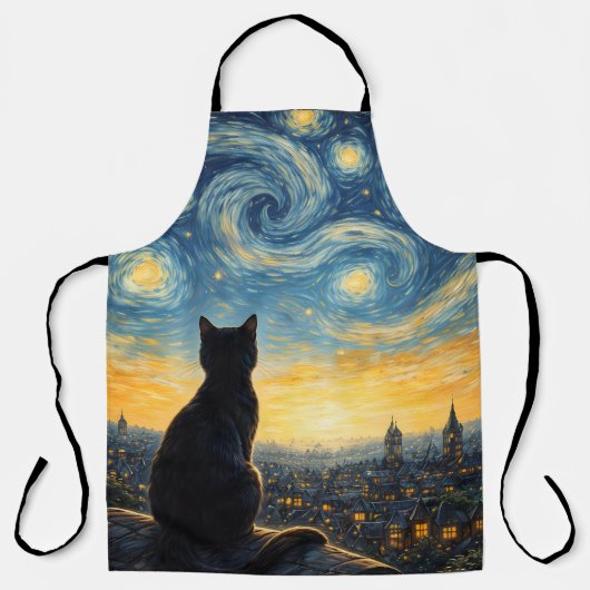 Starry Night Artistic Black Cat & Celestial Town エプロン (正面)
