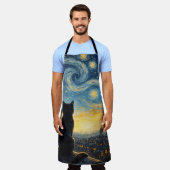Starry Night Artistic Black Cat & Celestial Town エプロン (着用した状態)