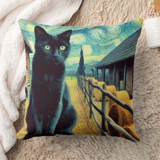 Starry Night Black Cat Green Eyes クッション (ブランケット)