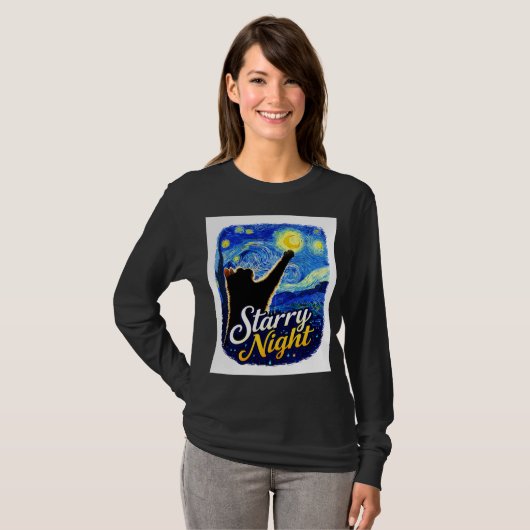 Starry Night Cat – Artistic Black Cat Reaching the Tシャツ (正面フル)