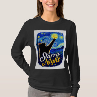 Starry Night Cat – Artistic Black Cat Reaching the Tシャツ