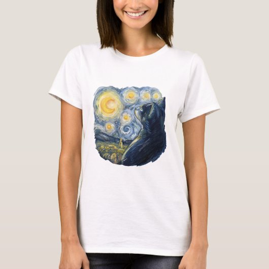Starry Night Cat Artistic Van Gogh Style Art Tシャツ (正面)