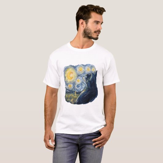 Starry Night Cat Artistic Van Gogh Style Art Tシャツ (正面フル)