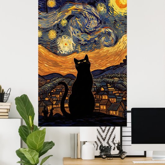 Starry Night Cat Van Gogh Inspired Starry Sky ポスター (ホームオフィス)