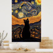 Starry Night Cat Van Gogh Inspired Starry Sky ポスター (キッチン)