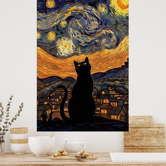 Starry Night Cat Van Gogh Inspired Starry Sky ポスター (キッチン)