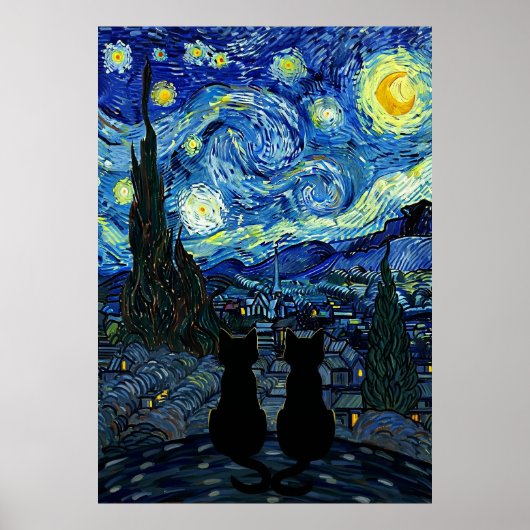 Starry Night Cat Van Gogh Inspired Starry Sky ポスター (正面)