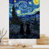 Starry Night Cat Van Gogh Inspired Starry Sky ポスター (キッチン)