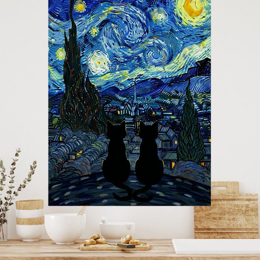 Starry Night Cat Van Gogh Inspired Starry Sky ポスター (キッチン)