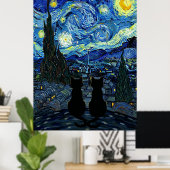 Starry Night Cat Van Gogh Inspired Starry Sky ポスター (ホームオフィス)