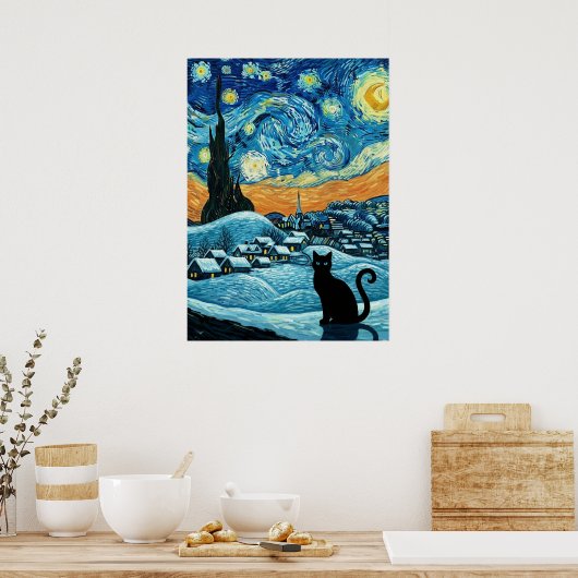 Starry Night Cat Van Gogh Inspired Starry Sky ポスター (キッチン)