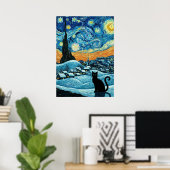 Starry Night Cat Van Gogh Inspired Starry Sky ポスター (ホームオフィス)