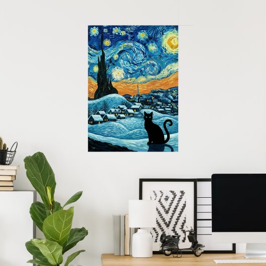 Starry Night Cat Van Gogh Inspired Starry Sky ポスター (ホームオフィス)