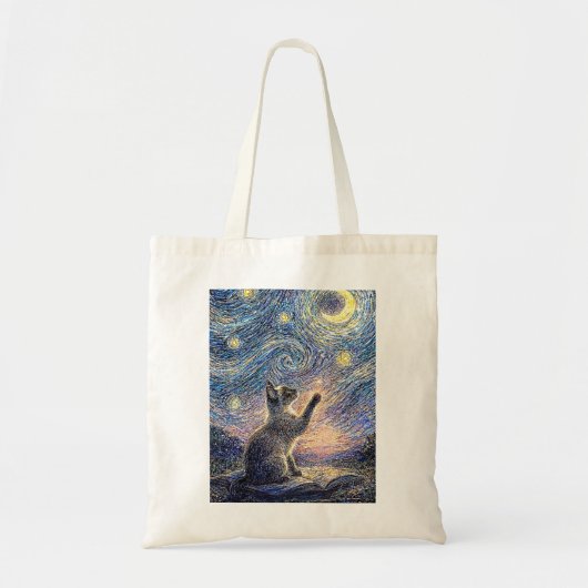 Starry Night Cat – Van Gogh Style Art トートバッグ (正面)