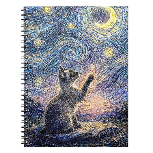 Starry Night Cat – Van Gogh Style Art ノートブック (正面)