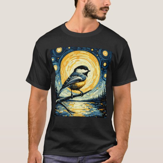 Starry Night Chickadee Van Gogh Bird Lover Tシャツ (正面)